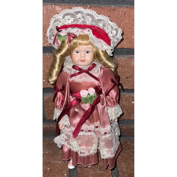 The Unbranded Brand Other - Vintage 8" Porcelain Doll Victorian Style Dusty Rose Satin Dress Lace Blonde